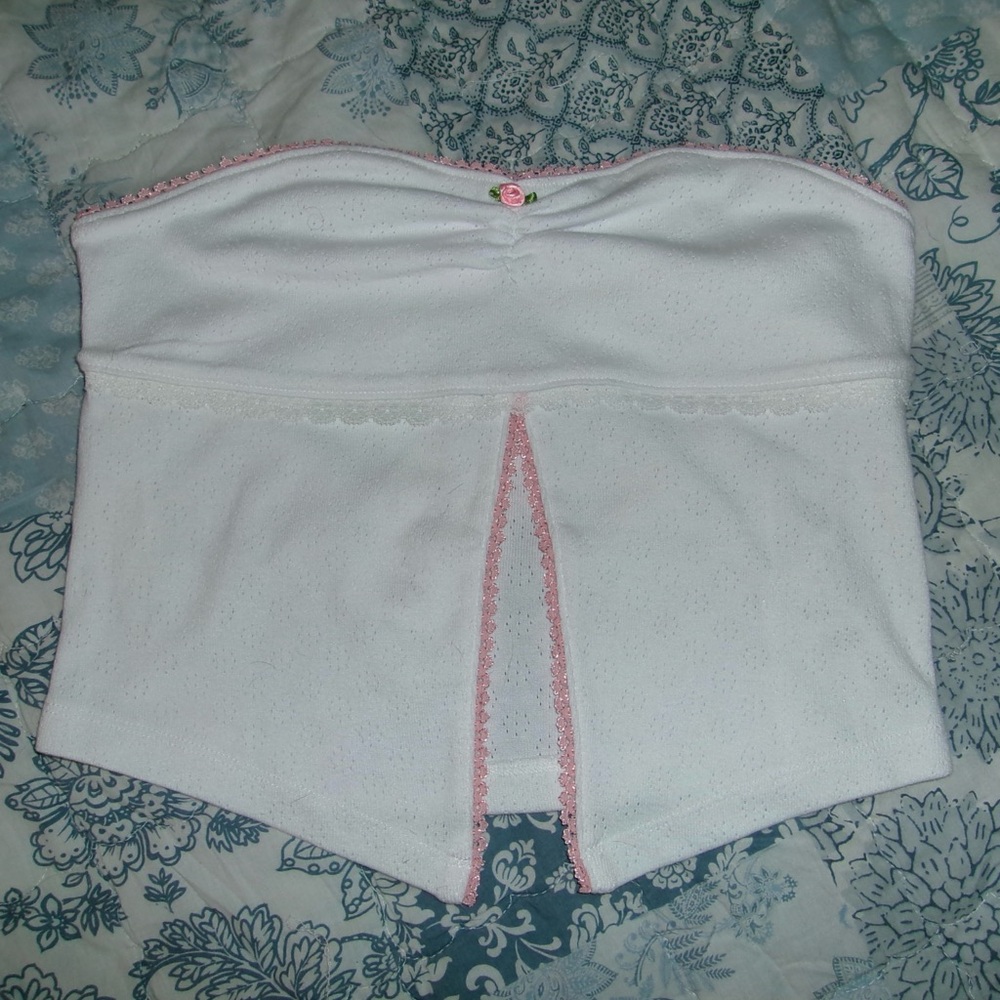 White & Pink Lace Strapless Top
